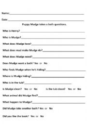 English Worksheet: Puppy Mudge takes a bath questions.