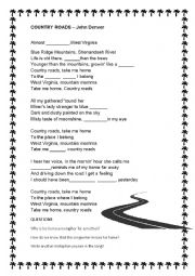 English Worksheet: song- Country Roads fill in with AS