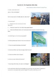 English Worksheet: Country Vs. City happiness video class