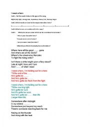 English Worksheet: I need a hero. song sheet