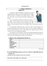 English Worksheet: Test on teenagers ambitions