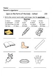 English Worksheet: Body Parts - School