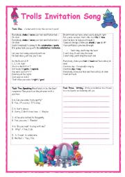 English Worksheet: Trolls Invitation Song Activity