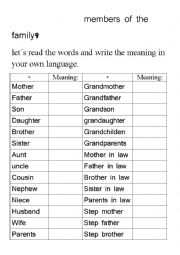 English Worksheet: Full family members list
