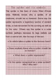 English Worksheet: The spider and its symbols - reading comprehension
