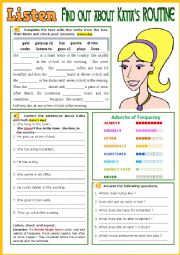 English Worksheet: Listen and find out about Katias daily routine. Listening. + Key and script.