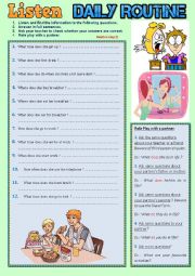 English Worksheet: Daily Routine. Listening + KEY and script.