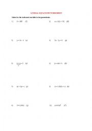 English Worksheet: Literal Equations Worksheet