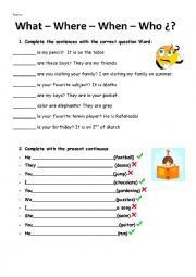 English Worksheet: What when who where