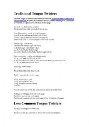 English Worksheet: traditional tongue twisters