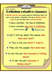 English Worksheet: DEFINING RELATIVE CLAUSE EXPLANATION CARD - I USED IT TO EXPLAIN ABOUT DEFINING RELATIVE CLAUSES