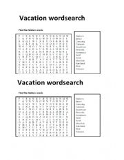 English Worksheet: vacation time word search