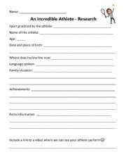 English Worksheet: Research on an athlete