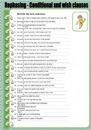 English Worksheet: Rephrasing - Conditional sentences and wish clauses