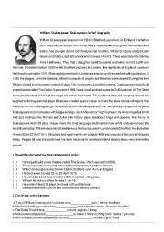 English Worksheet: Shakespeares biography worksheet