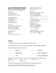 English Worksheet: Exercises on Aint no mountain high lyrics