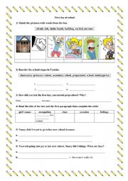 English Worksheet:  First day at school (text included)