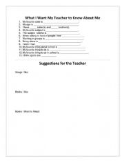 English Worksheet: What I Want My Teacher to Know About Me/Suggestions for the Teacher