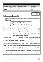 English Worksheet: ENGLISH MID TERM TEST NOV 2018