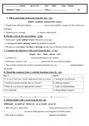 English Worksheet: Grammar and vocab test unit 1 and 2