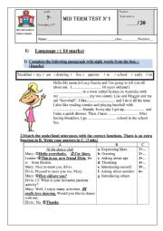 English Worksheet: mid term test n1 for 7th