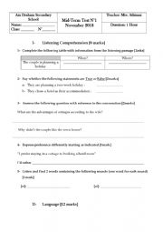 English Worksheet: Mid term test 1 Bac 