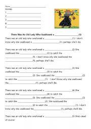 English Worksheet: There was an old lady who swallowed a fly