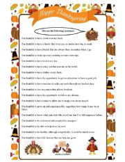 English Worksheet: Thanksgiving What Im thankful for part 1