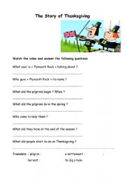 English Worksheet: The story of Thanksgiving (Video) with key