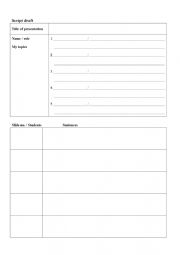 Group presentation script sheet with helpful phrases