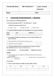 English Worksheet: 1st form test N1