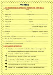 English Worksheet: Writing : completing the sentences using the linking words 