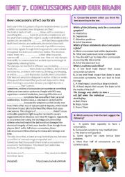 English Worksheet: READING COMPREHENSION ABOUT CONCUSSIONS