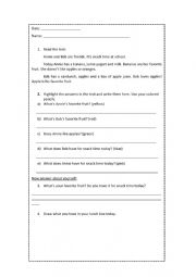 English Worksheet: Snack Time Reading Activity