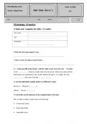 English Worksheet: Mid term test  N1 for st Year  secondary school