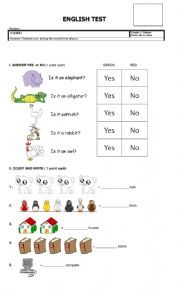 English Worksheet: A1 animals, color and numbers YLE
