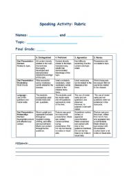 English Worksheet: Speaking Activity Rubric