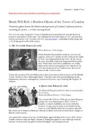 English Worksheet: Reading: the Tower of Londons ghosts