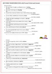 English Worksheet: Key word transformations with Present Perfect and Gerund