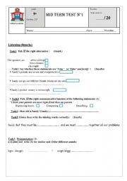 English Worksheet: mid term test n1 for 9th