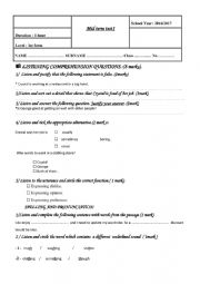 English Worksheet: Mid term test1for 1st form