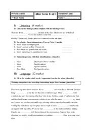 English Worksheet: mid term test 1 1st form