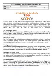 English Worksheet: Test M1 -  A Day in the Life of a Zookeeper