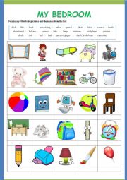English Worksheet: THERE IS & THERE ARE- My Bedroom Vocabulary & Prepositions of Place
