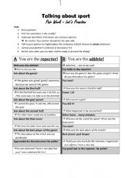 English Worksheet: Pair work - a sports interview - athlete and interviewer