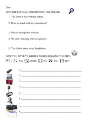 English Worksheet: roll the dice technology and find the mistakes present simple