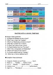 English Worksheet: SCHOOL TIMETABLE