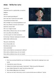 English Worksheet: Mulan Reflection song worksheet