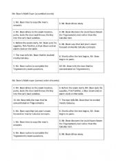 English Worksheet: Mr. Beans Math Exam events scramble