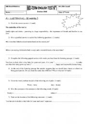 English Worksheet: MID TERM 1 TEST 2nd FORM TUNISIAN PROGRAM